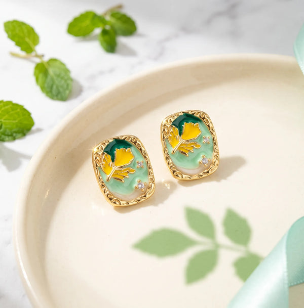 Leaf & Flower Enamel Rectangle Earrings For Women - Zariya Official