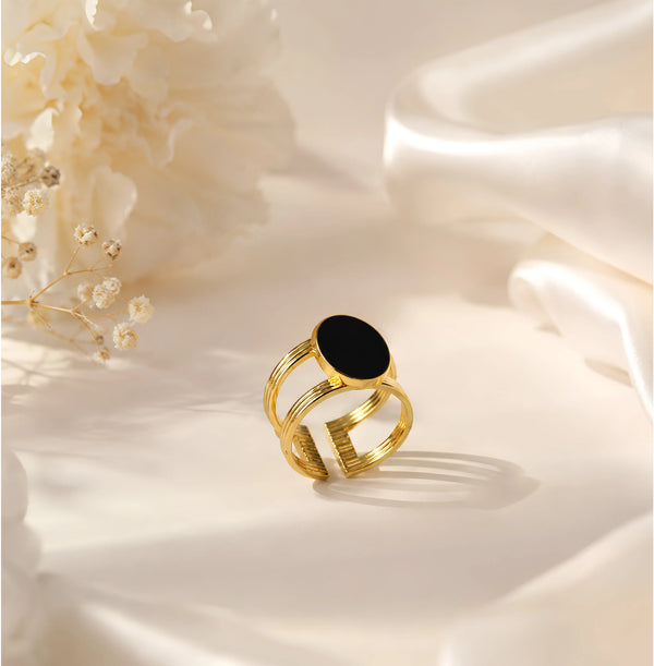 Black Oval Stone Gold-Tone Ring for Women