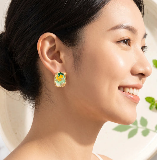 Leaf & Flower Enamel Rectangle Earrings For Women - Zariya Official