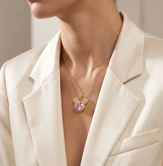 Pave Mickey Mouse & Pink Gem Pendant Necklace For Women - Zariya Official
