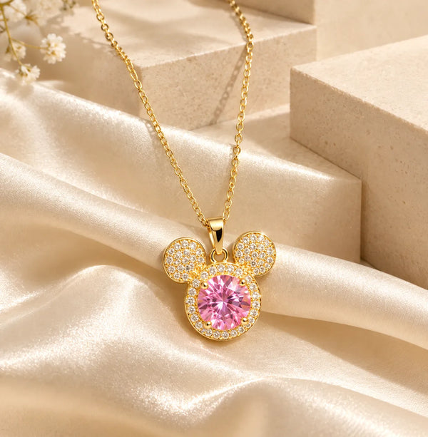 Pave Mickey Mouse & Pink Gem Pendant Necklace For Women - Zariya Official