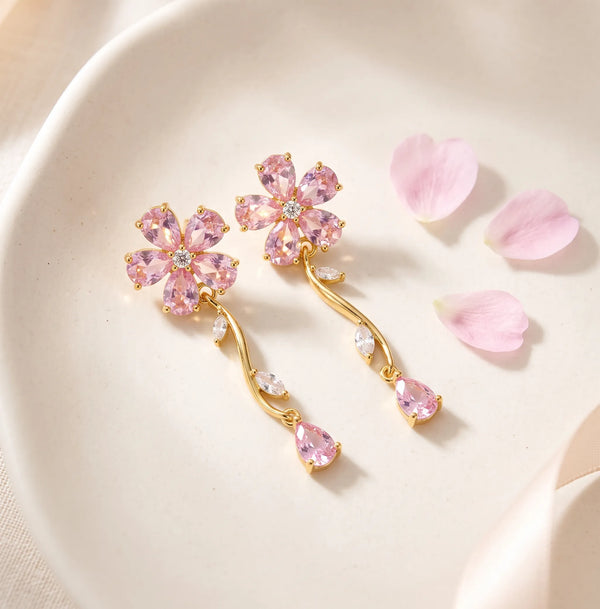 Pink Crystal Floral Dangles Earrings For Women - Zariya Official